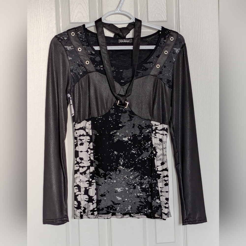 Edgy Women's (Size XS/S) Long Sleeve Top With Faux-Leather Sleeves & Neck-Tie